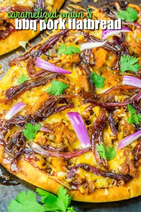 This Caramelized Onion and BBQ Pork Flatbread is a fun and easy weeknight dinner that the whole family will be ranting and raving about!