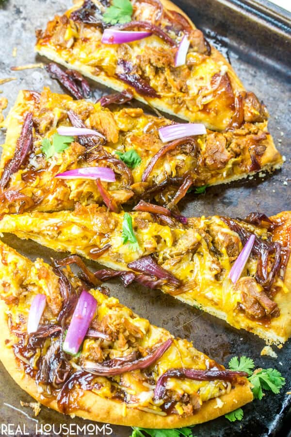 Caramelized Onion and BBQ Pork Flatbread cut into slices