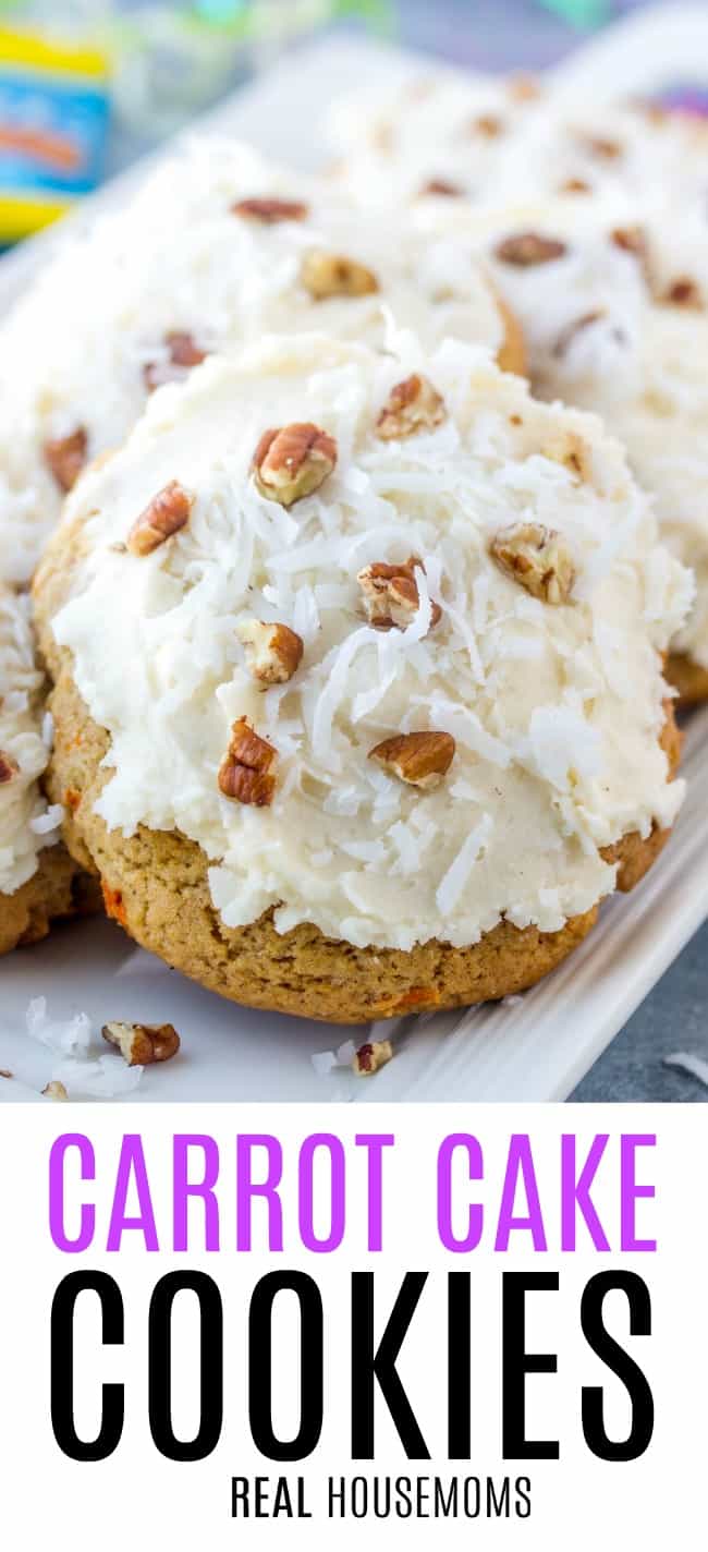 carrot cake cookies topped with cream cheese frosting, coconut, and chopped pecans