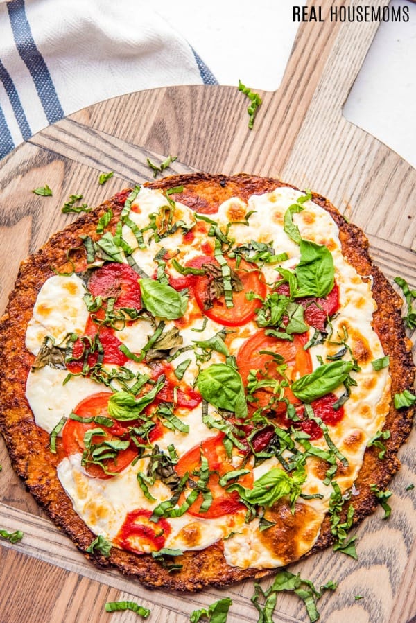 cauliflower pizza crust with toppings after baking