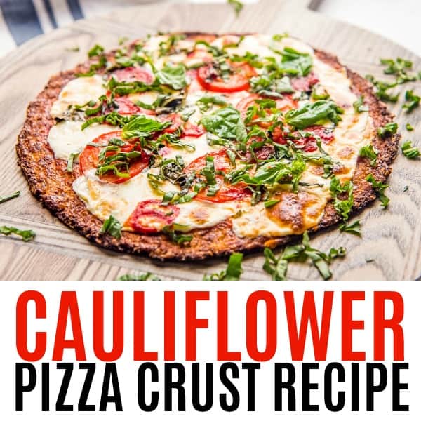 square image of cauliflower pizza crust with text
