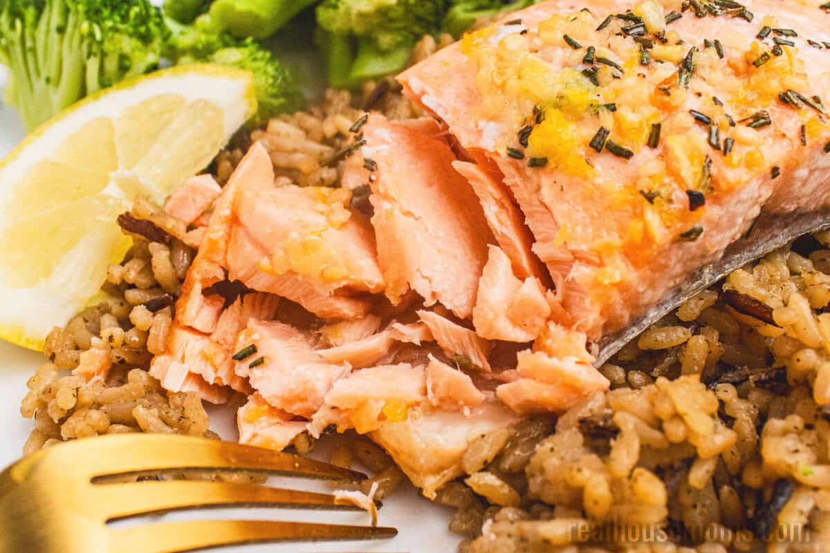 cedar plank salmon fillet flaked to show to texture of the fish