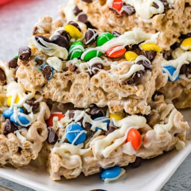 square image of cheerio cereal bars piled on a plate