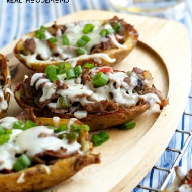 CHEESESTEAK POTATO SKINS are mash-up of classic potato skins and Philly Cheesesteak Sandwiches, making them the ultimate party appetizer!