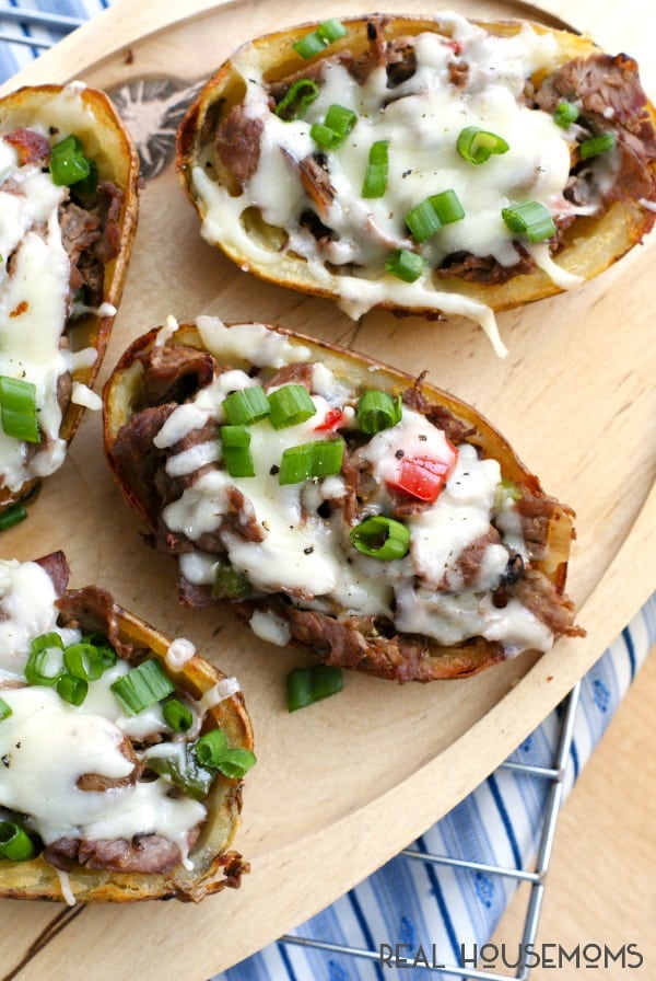 CHEESESTEAK POTATO SKINS are mash-up of classic potato skins and Philly Cheesesteak Sandwiches, making them the ultimate party appetizer!
