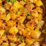 square close up of cheesy bacon oven potatoes with diced jalapeno