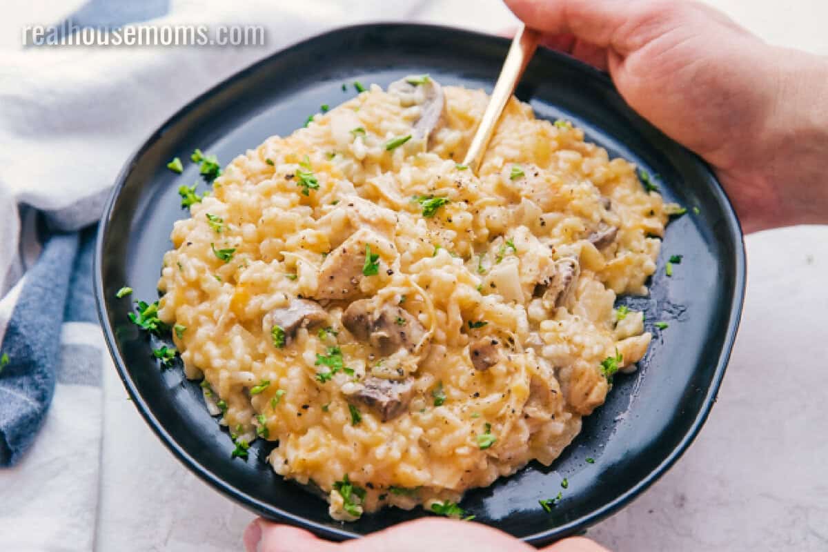 hands holding a plateful of Cheesy Crock Pot Chicken and Rice