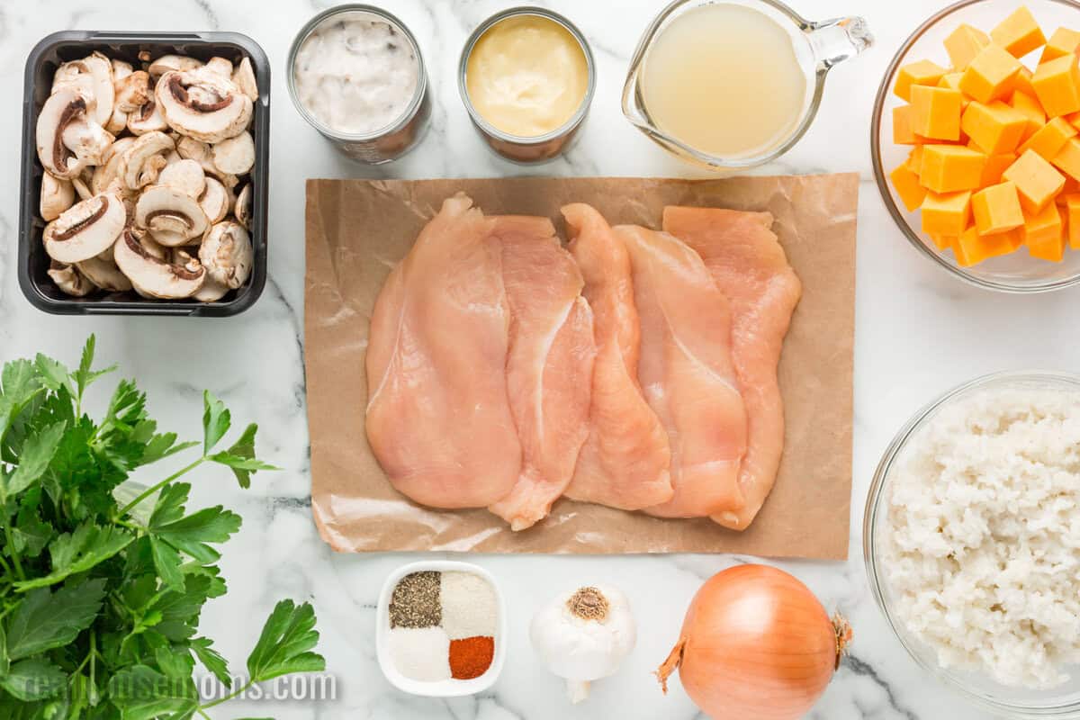 looking downa t ingredients to make Cheesy Crock Pot Chicken and Rice on  counter