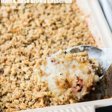 CHEESY HAM AND HASH BROWN CASSEROLE is great for breakfast or dinner! It tastes so amazing people can't stop eating it! It's a great easy recipe for holidays as well!