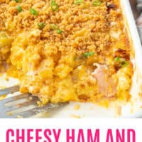 spatula in a dish of cheesy ham and hashbrown casserole with recipe name at the bottom