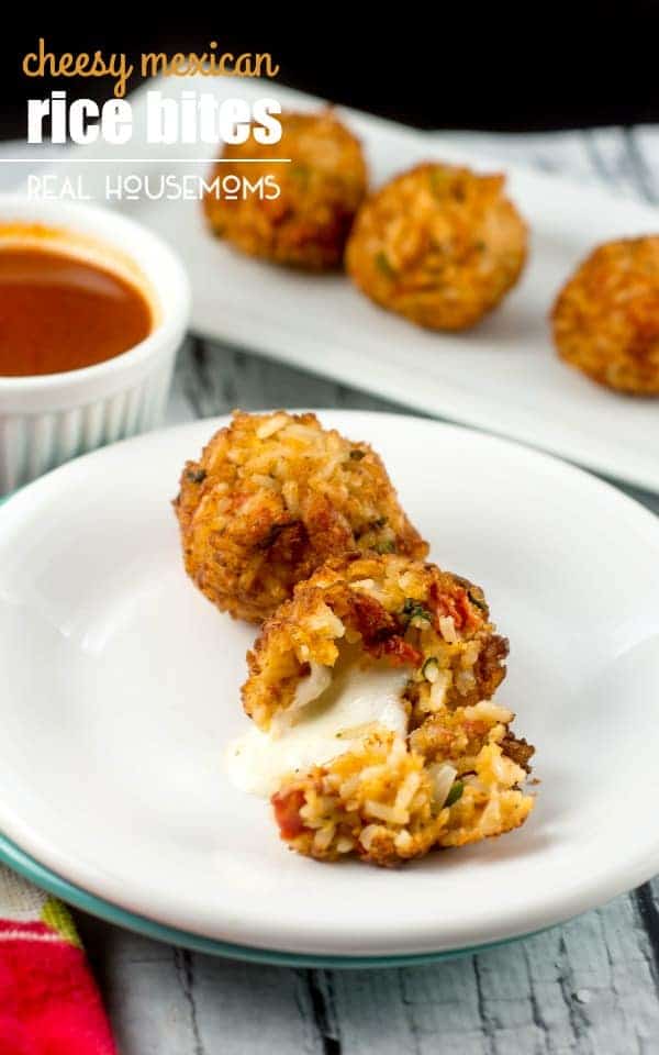 CHEESY MEXICAN RICE BITES make an awesome appetizer for Cinco De Mayo! They are spicy little bites of rice that are crispy on the outside and soft and cheesy on the inside.