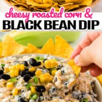 top picture is a bowl of cheesy roasted corn blackbean , bottom, is a bowl of cheesy roasted corn black bean dip with someone taking a dip of it with a chip