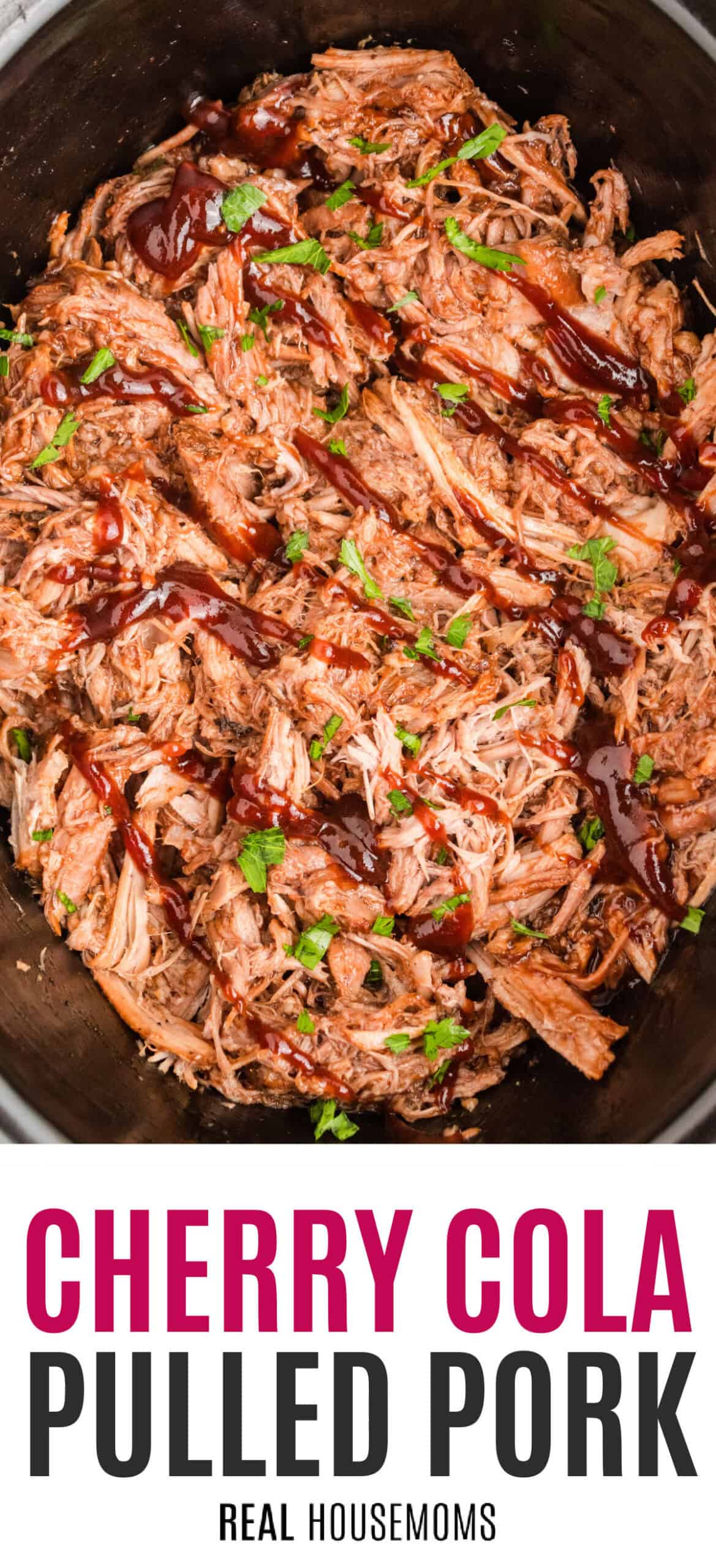cherry cola pulled pork in a slow cooker topped with a drizzle of bbq sauce and chopped parsley with recipe name at the bottom