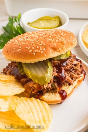 cherry cola pulled pork sandwich with bbq sauce and pickles on a plate with chips