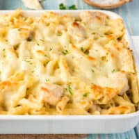 square image of chicken alfredo casserole in a baking dish with parsley sprinkled on top