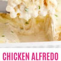 chicken alfredo lasagna roll up on a spatula over the pan with recipe name at the bottom