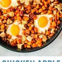 skillet of chicken apple sausage & sweet potato hash with recipe name at the bottom