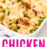 chicken bacon ranch pasta bake in a dish with choped parsley and bacon on top with recipe name at bottom