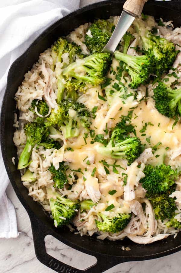 One Pot Chicken and Broccoli Rice in the skillet, just after cooking