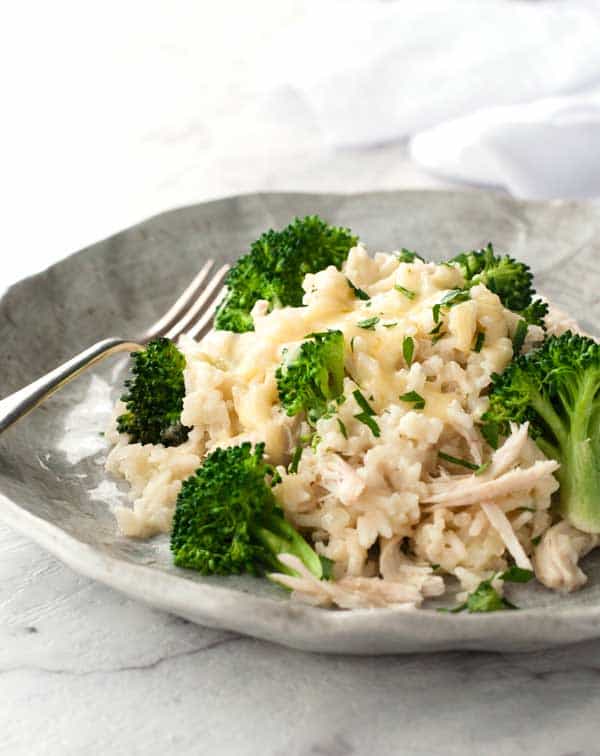 One Pot Chicken and Broccoli Rice on a dinner plate with a fork