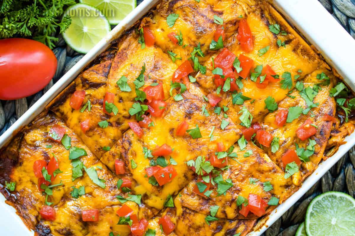 looking down at a dish of baked chicken enchilada casserole