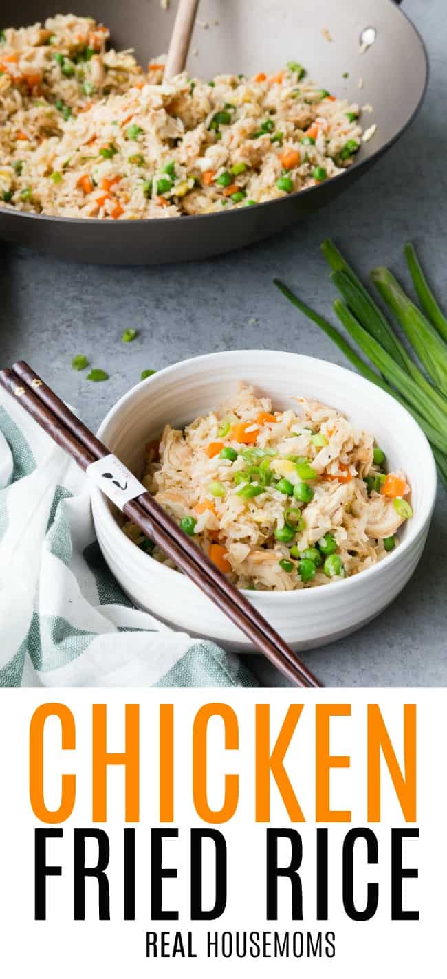 chicken fried rice served in a bowl with chopsticks