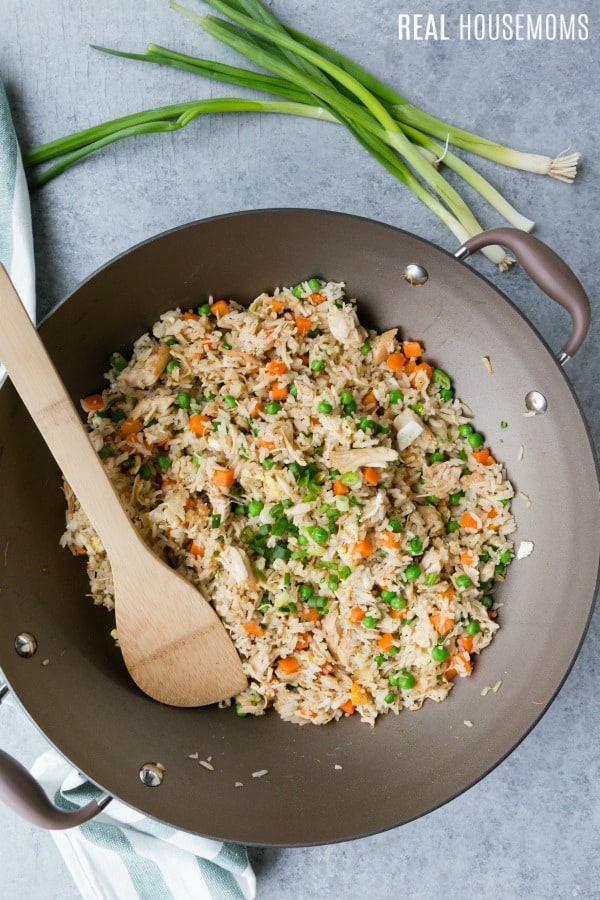 chicken fried rice in a wok just after cooking