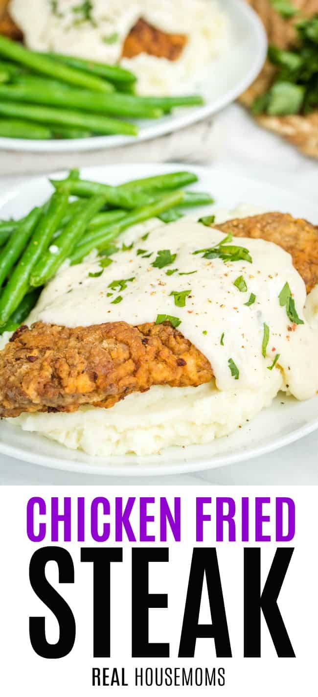 chicken fried steak served over mashed potatoes with green beans