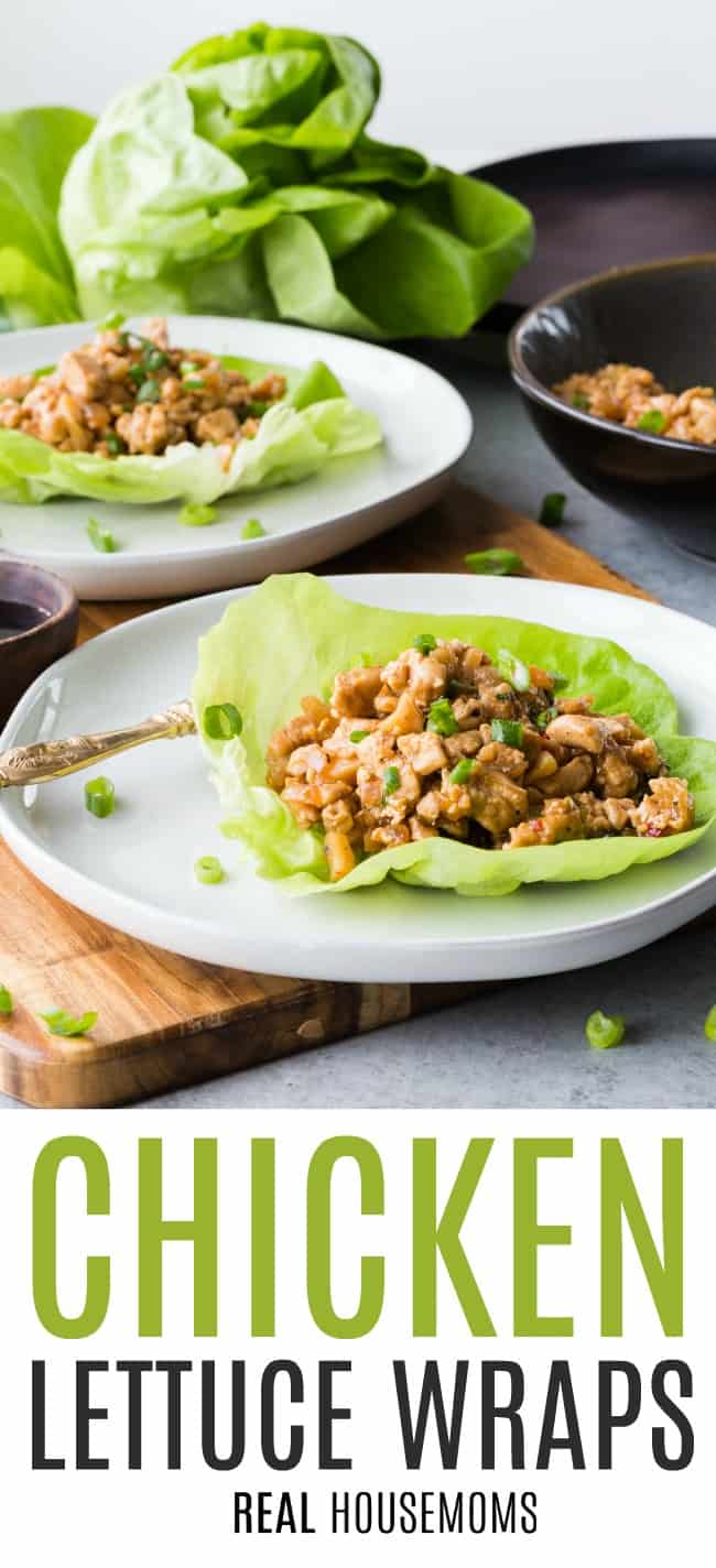 chicken lettuce wraps on a small plate with a fork