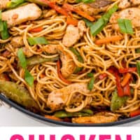 skillet of chicken lo mein with recipe name at the bottom