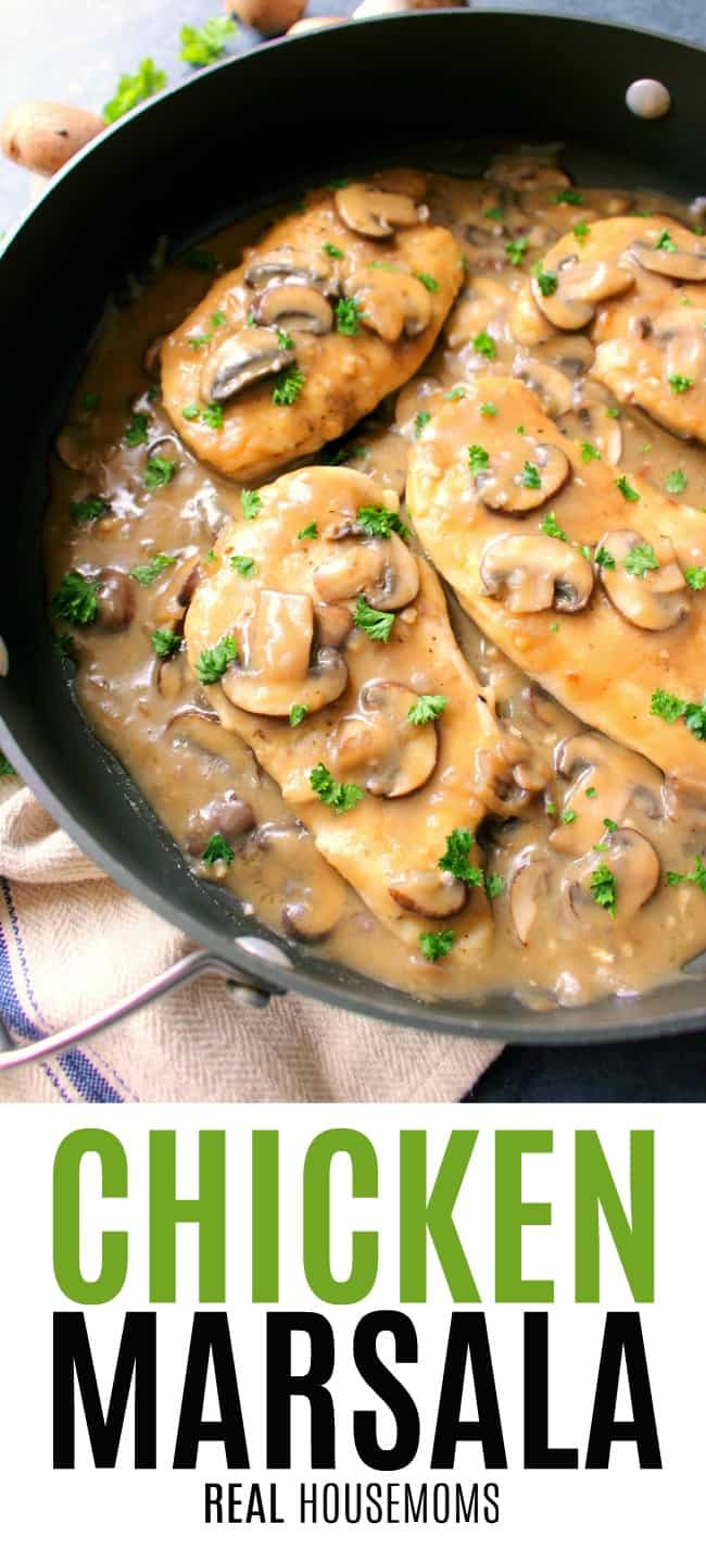 chicken marasala in a skillet coated in marsala wine sauce and mushrooms