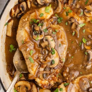 square image of chicken marsala in a skillet