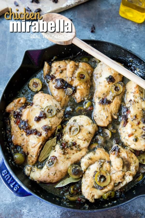 Deliciously flavorful Chicken Mirabella is sweet and savory, with prunes, capers, and green olives, it is one of the best things I have ever eaten. Seriously, a total favorite, and super easy to make too!