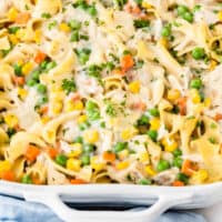 white baking of chicken noodle casserole with recipe name at the bottom