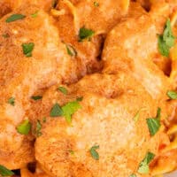 image of chicken paprikash over egg noodles in a bowl