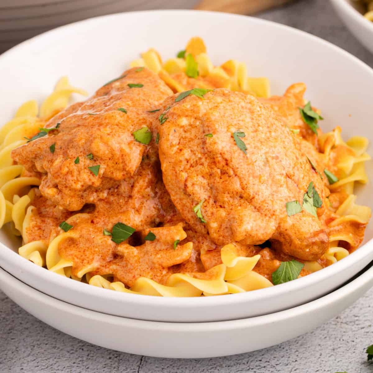 square image of chicken paprikash over egg noodles in a bowl