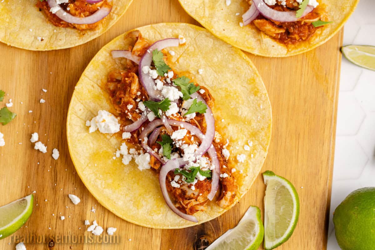 chicken tinga, sliced red onion, cilantro, and cotija cheese on a corn tortilla
