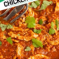 bowl with chicken Tinga with the title of the post on the top left corner in green white and black lettering title