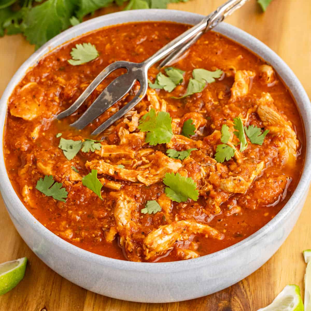 square image of a bowl of chicken tinga topped with cilantro