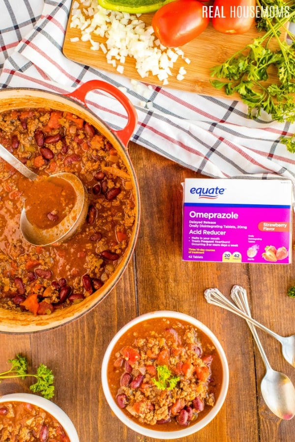 chili con carne with Equate Omeprazole Orally Disintegrating Tablet pack to prevent heartburn