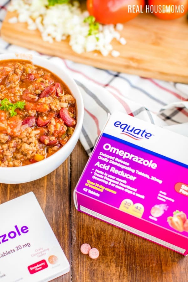  Equate Omeprazole Orally Disintegrating Tablet pills to prevent heartburn from chili con carne