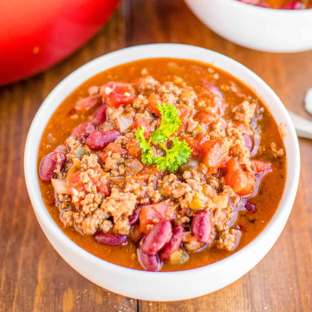 Chili con Carne is a hearty meal ready to warm you up on a cold day! I love serving this chile for game day or at dinnertime with cornbread!