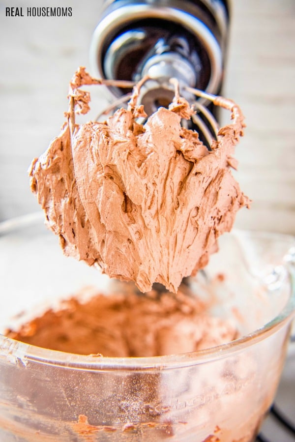 chocolate buttercream frosting in a stand mixer bowl