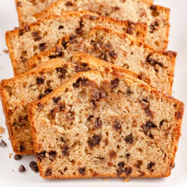 square image of chocolate chip banana bread slices on a platter