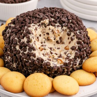 square image of a chocolate chip cheese ball on a plate with Nilla wafers