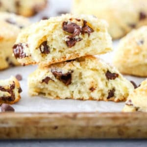 Clost up of the inside of a chocolate chip scone on a wooden board