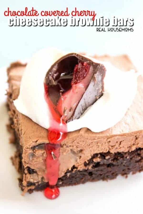 Chocolate Covered Cherry Cheesecake Brownie Bars are decadently delicious. A no-bake cheesecake with a fudgy brownie base these bars are a real crowd pleaser!