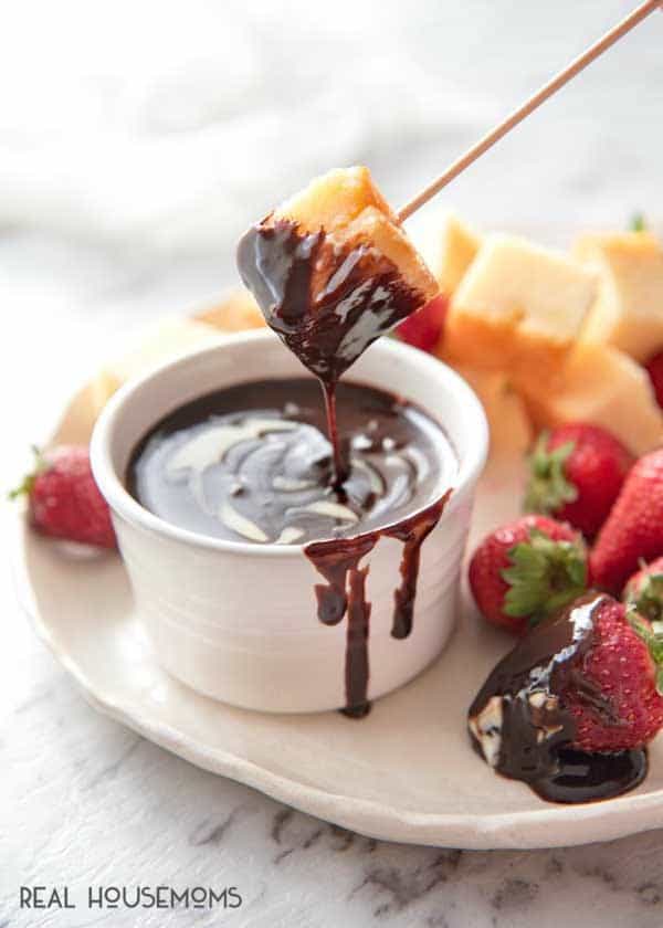 Silky warm Chocolate Fondue can be served with any dippers you want - fruit, cake, biscuits, marshmallows. Serve this fondue as a crowd-pleasing dessert or in individual pots for an elegant way to finish a dinner party!