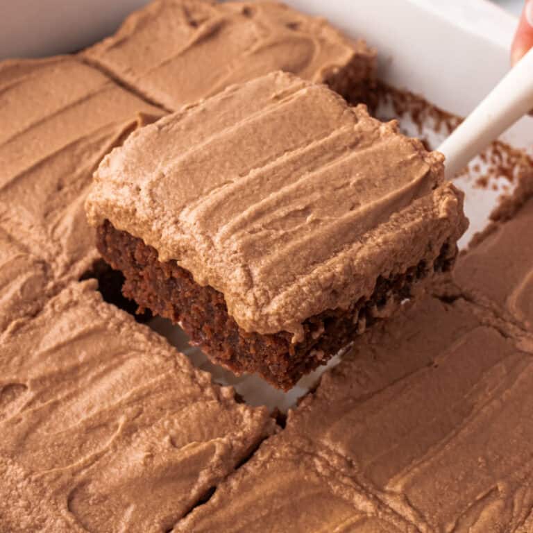 quare image of a slice of chocolate mayonnaise cake on a spatula over the pan