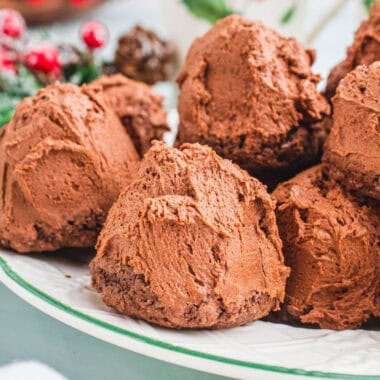 square image of chocolate mountains cookies on a serving plate